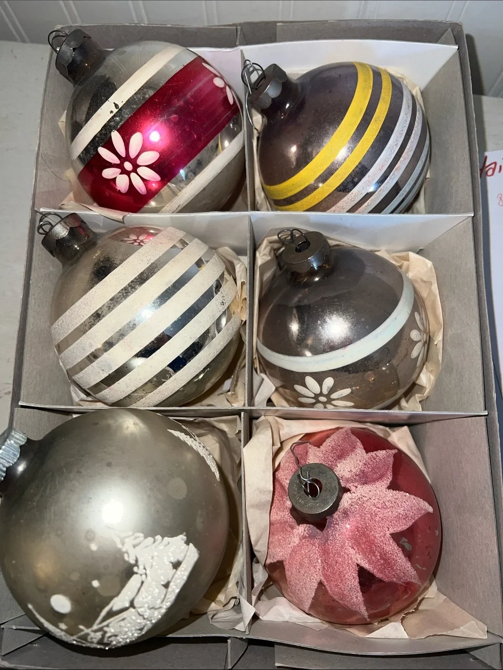 6 Antique Shiny Brite Mercury glass large ornaments mica